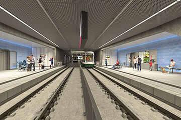 Untergrundstraßenbahnstation mit Menschen und zwei Straßenbahnen